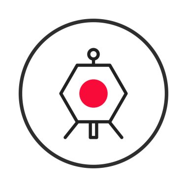 Bir minimalist sembol, siyah altıgen bir çerçevenin içinde küçük çizgiler tarafından desteklenen merkezi kırmızı bir nokta içerir. Bu geometrik tasarım düzgün bir şekilde siyah bir daire içine yerleştirilir, modern ve soyut