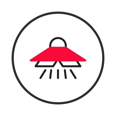 Minimalist bir kırmızı ve siyah lamba ikonu beyaz bir daire içinde merkezlenir. Lamba temiz çizgiler ve biçimlendirilmiş bir tasarım içerir, bu da iç tasarımda sıklıkla kullanılan çağdaş bir estetik olduğunu gösterir.