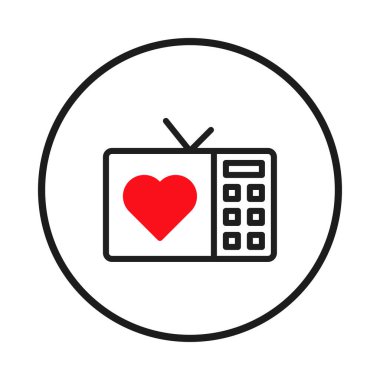 Kalp sembollü bir televizyonu temsil eden minimalist bir çizgi ikonu, teknoloji yoluyla eğlence ve bağlantı duygusunu özetliyor. Bu tasarım temiz ve