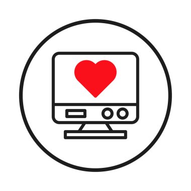Görüntü, dairesel bir çerçevedeki monitörde gösterilen bir kalp sembolü gösteriyor. Bu da dijital bağlantı ve teknolojiyi işaret ediyor. Bu illüstrasyon aşk, tele sağlık ve modern temaları çağrıştırıyor.