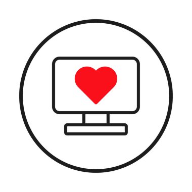 Çevrimiçi aşkı veya dijital aşkı sembolize eden dairesel bir çerçevede bulunan bir bilgisayar ekranında stilize edilmiş bir kalp belirir. Bu simge, bağlantı ve duygusal ifadeyi temsil eder.