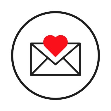 Temiz bir grafik çiziminde kırmızı bir kalp bir zarf sembolünün üzerine dikkatlice yerleştirilmiş, hepsi dairesel bir sınırın içine yerleştirilmiş. Bu ikonik tasvir sevgi, sevgi ve...