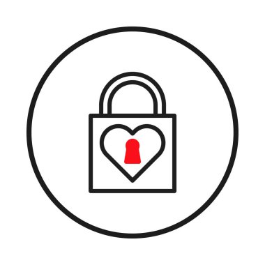 Kalp ve kilit sembolleri kombinasyonu yoluyla aşk güvenliği kavramını gösteren modern bir grafik tasviri. Temiz çizgi tarzı ve minimal tasarım, bu çizim güvensizliği temsil ediyor.