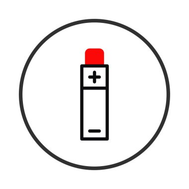 Minimalist bir simge, kendine özgü kırmızı kapaklı tek bir pil gösteriyor. Batarya, olumlu ve olumsuz göstergelere sahip siyah bir ana hatla sunuluyor. Görüntü bir siyah içinde izole edilmiştir.