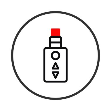 Çemberin içindeki bir buhar cihazının modern minimalist çizimi. Cihaz temiz çizgilerle tasvir edilir ve dikdörtgen bir vücut, kırmızı bir ağızlık ve bazı düğmeler içerir. Bu görüntü gösteriyor ki