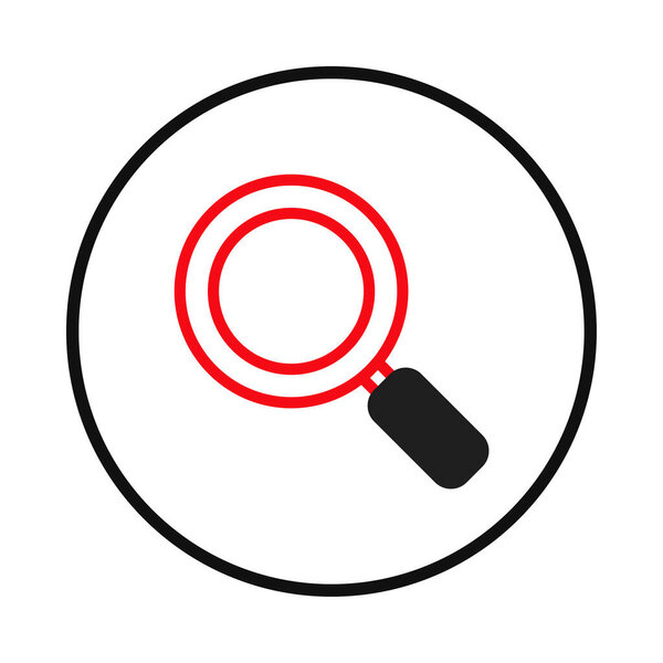 A minimalist design featuring a red and black magnifying glass icon, perfectly centered within a bold black circular border against a clean white background. Ideal for web design, educational