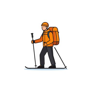 Bir vektör çizimi sırt çantalı bir kayakçının yürüyüşünü gösteriyor. Üniforma ve kask giyiyor, karda kayak yapıyor. Bu resim posterler, macera ve eğlence illüstrasyonları için kullanılabilir ve