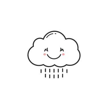 Minimalist bir illüstrasyonda tatlı, gülümseyen bir bulut, hafif yağmur damlaları sergilenir, basit tasarım neşeli bir titreşim yayar, neşe ve pozitif hava titreşimleri yaymak için mükemmeldir.
