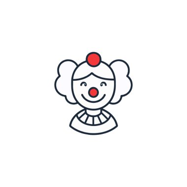 Bu basit vektör çizimi stilize edilmiş bir palyaço ikonunu minimalist tasarımı ile tasvir ediyor. İçinde şakacı bir palyaço yüzü, kırmızı bir burun, gülümseyen bir ağız ve sirk için ideal kıvırcık peruk detayları var.,