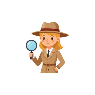Çizgi film illüstrasyonunda elinde büyüteç tutan bir kadın dedektif var. Klasik bir detektif paltosu ve şapkası giymiş. Bu da bir soruşturmanın ortasında olduğunu gösteriyor. Şey...