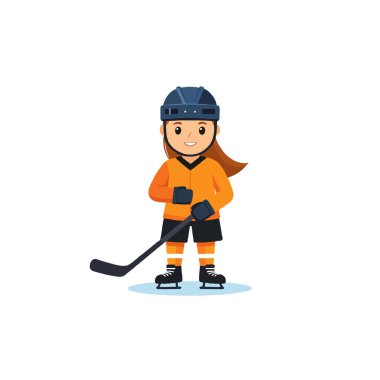 Genç bir bayan hokey oyuncusunun neşeli bir çizimi. Kask ve eldiven de dahil olmak üzere koruyucu giysiler giyiyor ve kendine güvenen bir şekilde hokey sopasını tutuyor. Tasarım şunu vurgular: