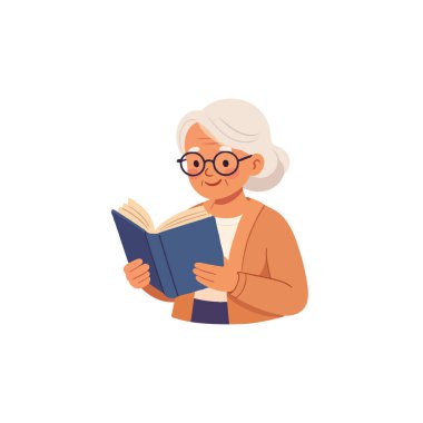 Gözlüklü neşeli yaşlı bir kadın mutlu bir şekilde kitap okurken görülüyor. Bu illüstrasyon, bilgi, bilgelik ve yaşam boyu öğrenmenin basit zevklerini vurgular.