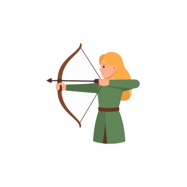 Yetenekli bir kadın okçu çizgi film tarzında gösterilir, odaklanmış kararlılıkla bir ok atmaya hazırlanır. Yeşil bir tunik giyer, dayanıklılığını ve hassasiyetini gösterir.