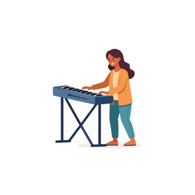 Neşeli genç bir kadın müzik yaratıcılığının zevkini gösteren dijital bir piyano çalıyor. Bu vektör illüstrasyonu sanat, eğlence ve kendini müzikle ifade etmenin hazzını temsil eder.