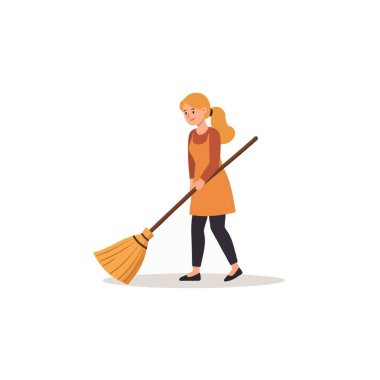 Kapalı alanda süpürgeyle yerleri süpüren yorgun bir kadın tasviri. Görüntü, temizlik rutini sırasında bir yorgunluk ve çaba hissi taşır, ev işleri ve