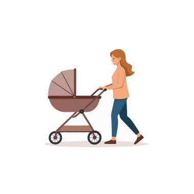 Dijital bir illüstrasyon, bebek arabasında ya da bebek arabasında bir anneyi yürürken gösteriyor. Sanat çalışmaları anne ve çocuğun yetiştirme bağına ve erken ebeveynliğin günlük rutinine odaklanır.
