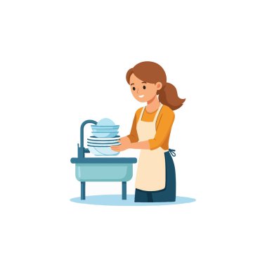 Bir illüstrasyonda önlük takan ve lavaboda bulaşık yıkayan bir kadın resmediliyor. O, ev işi yaparak evini temizliyor. Çizimler günlük yaşamı ve temizliği sürdürme ihtiyacını gösteriyor..