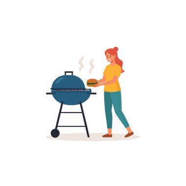 Mavi bir ızgaranın yanında elinde hamburgerle duran bir kadın. O mutlu bir şekilde açık hava barbeküsü için bir burger hazırlıyor, iyi bir yemek, arkadaşlık ve güzel bir yaz gününün tadını çıkarıyor.