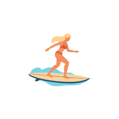Mayo giymiş odaklanmış sarışın bir kadın okyanus dalgalarını kucaklamaya hazır bir şekilde sörf tahtasında duruyor. Yaz sörfünün heyecanını ve özgürlüğünü anlatıyor. Aktif yaşam tarzları için mükemmel.