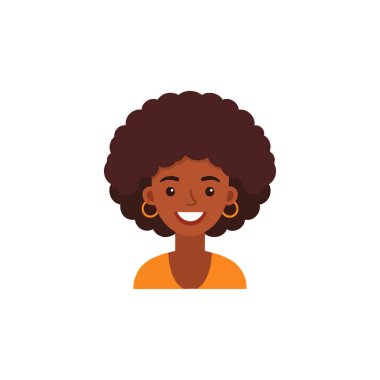 Dijital olarak yaratılmış bir illüstrasyon, afro saçlı neşeli genç bir kadını yakalar. Gülümsüyor, halka küpeler takıyor, minimalist bir geçmişe sahip, basit bir duyguyu aktarıyor