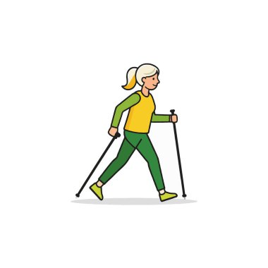 Bir kadın neşeli ve aktif bir duruşta tasvir edilir, İskandinav yürüyüşü sporuna bağlanır, sağlığa, uygunluğa ve açık havanın keyfini yaşama gayesiyle çıkarmayı önerir..