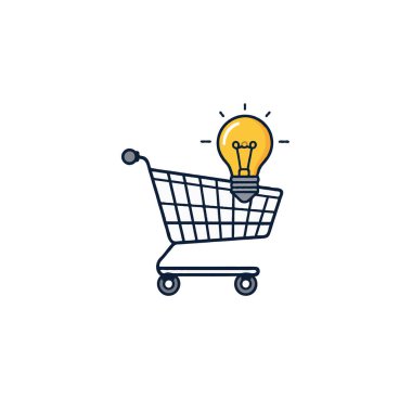 İçinde bir ampul bulunan alışveriş arabasını gösteren en küçük bir çizim. Bu, perakende ve ticarette yenilikçi çözümler fikrini temsil ediyor. İş dünyasındaki parlak fikirler için görsel bir metafor.