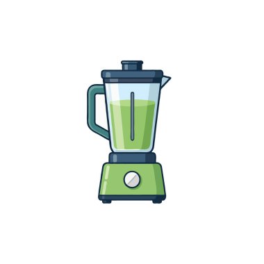 Renkli bir illüstrasyonda mikserin içinde sağlıklı beslenme ve mutfak hazırlıklarını vurgulayan yeşil bir smoothie yer alıyor. Bu canlı görüntü beslenme kavramlarını göstermek için mükemmel.