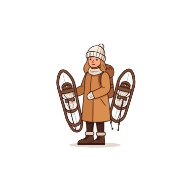 Kar ayakkabısı tutan, kar üzerinde duran, şapka ve palto giyen bir kız. Karla kaplı alanda bir kış macerasına hazır olun. Bu resim kışın açık hava aktivitelerinin ruhunu gösteriyor ve