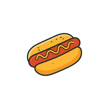 Klasik sosisli sandviçin hoş bir çizgi film çizimi. Yanında da hardallı çörek. Bu çekici görüntü, basit ama lezzetli bir fast food 'un özünü yakalıyor.