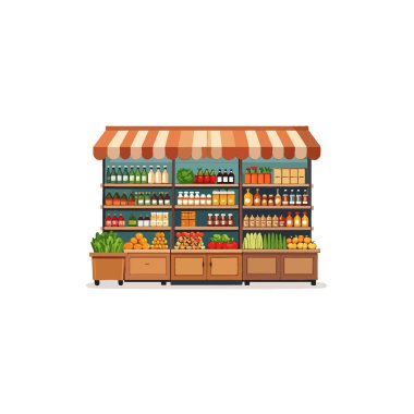 Canlı bir illüstrasyon, düzgün düzenlenmiş raflar, sergilenen taze ürünler, çeşitli içecekler ve çeşitli kiler içeren bir market vitrinini sunar. Kurulum organize ve yaygındır