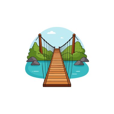 Çekici bir karikatür çizimi, sakin bir nehri zarifçe kaplayan ahşap asma köprüyü gösteriyor. Bereketli yeşillik köprüyü çevrelemiş, sakin ve davetkar bir sahne yaratıyor, ilham vermek için mükemmel.