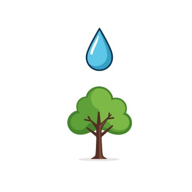Basit ama güçlü bir vektör çizimi, su ve bitki yaşamı arasındaki hayati ilişkiyi sembolize eden, küçük, canlı yeşil bir ağacın üzerinde süzülen büyük bir mavi su damlasını tasvir eder.,