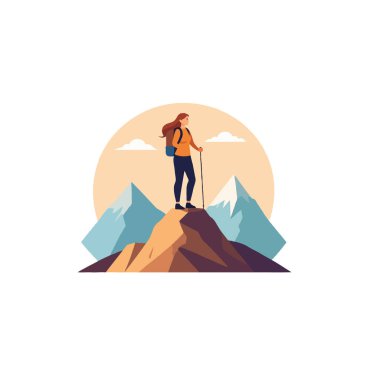 Kararlı bir kadın yürüyüşçü hedefine ulaşmış bir dağ zirvesinde duruyor. Çarpıcı manzara, güneş ışığı ve bulutlar, ve onun duruşu bir macera, özgürlük ve kişisel duygu iletir