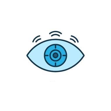 Hedefi lens olarak gösteren şekillendirilmiş göz grafiği odak, görüş ve hassasiyeti sembolize ediyor. Gelişmiş veri analizi ve bağlantısıyla izleme, güvenlik ve biyometrik teknolojiyi temsil eder.,