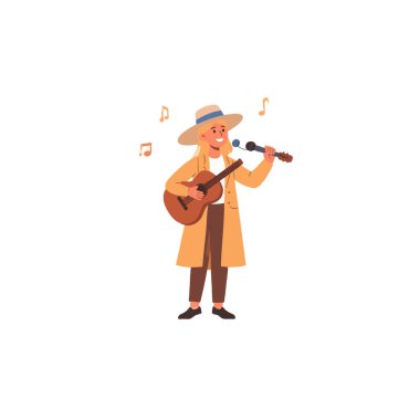 Canlı bir illüstrasyon, performansına dalmış, gitarını tıngırdatırken mikrofona tutkuyla şarkı söyleyen bir sokak müzisyenini canlandırıyor. Şık giyimi ve etkileyici tavırları ışık saçıyor.