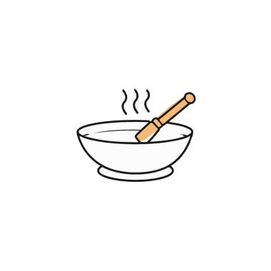 Minimalist bir illüstrasyon, yükselen hafif buharlı, sıcaklığı ima eden bir kase tasvir eder. Düz bir tahta sopa içinde çapraz olarak duruyor. Çizim basit bir rahatlık ve sakinlik hissi uyandırıyor. Şey...