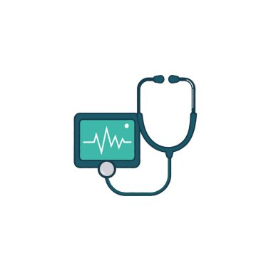 Elektronik monitöre bağlı steteskop içeren ve kalp atışı dalga formu gösteren stilize bir illüstrasyon. Görüntü, tıbbi muayene, teşhis ve sağlık hizmetlerini aktarıyor.