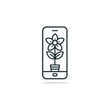 Bu minimalist illüstrasyon akıllı telefon ekranında sergilenen bir saksıdan büyüyen stilize bir çiçeği tasvir ediyor. Büyümeyi temsil eden doğa ve teknolojinin uyumlu bütünleşmesini sembolize eder.,