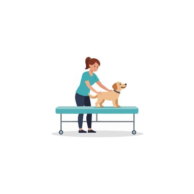 Bu resim, mutlu bir altın köpeğe bakım sağlayan neşeli bir veterineri tasvir ediyor. Üniforma giyen veteriner masadaki köpek dişini inceliyor. Sahne, dost canlısı ve profesyonel birini gösteriyor.