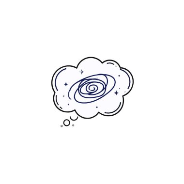 Minimalist bir illüstrasyon, stilize edilmiş bir galaksiyi içeren kaprisli bir düşünce baloncuğunu betimler. Küçük yıldızlar ve parıltılar ruhani hissi artırır, sınırsız hayal gücünü, yenilikçi fikirleri temsil eder.,