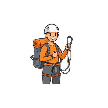 Dağ tırmanışına hazır kararlı bir yürüyüşçü, bir sırt çantası, kask ve güvenlik ekipmanıyla, açık hava macerası, azim ve fiziksel zorluklara karşı bir tutku ile resmedilir..