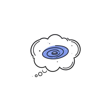 Düşünce baloncuğunun içine gizlenmiş bir galaksiyi gösteren tuhaf bir çizim. Kozmik düşüncelere, astronomik rüyalara, uzay keşiflerinin enginliğine ve...