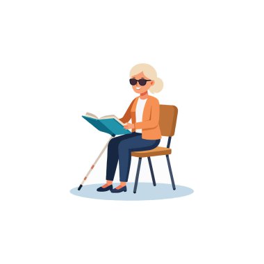 Bir vektör illüstrasyonunda, görme engelli, kitap okurken güneş gözlüğü takan yaşlı bir kadın görülüyor. Bir sandalyede rahat bir şekilde oturuyor, yanında bir baston var.,