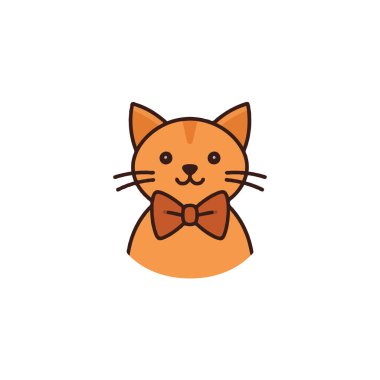 Şirin ve neşeli bir kedi çizimi. Bu tasarım, çeşitli yaratıcı projeler için uygun komik ve sevimli bir karakter yaratan, papyon takan turuncu bir kediyi gözler önüne seriyor.