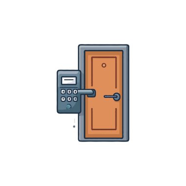 Bir illüstrasyonda, kapıya modern güvenlik teknolojisi ve kontrollü girişi temsil eden dijital bir tuş takımı giriş sistemi yerleştirildi. Korunmayı, güvenliği ve korunmayı simgeler.