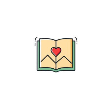 Basit bir çizim, ortasında kırmızı bir kalp olan açık bir kitabı ortaya koyuyor. Görüntü, romantizm, öğrenme ve okuma sevgisi temalarını aktarıyor.