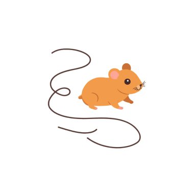 Bir çizgi film çizimi, sevimli ve neşeli bir ifadeye sahip turuncu bir hamster gösteriyor. Bu biçimlendirilmiş vektör çizimi, düz bir arkaplan üzerine kurulmuş, arkasında basit, eğri bir çizgi barındırır,