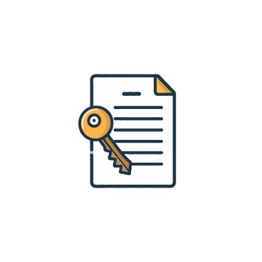 A stylized graphic representing a key placed beside a document, symbolizing access, unlocking information, or securing important data. It can signify granting permissions, opening contracts, or