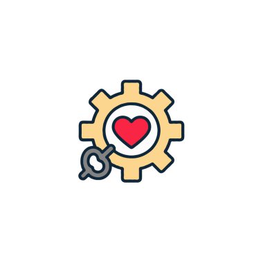 An illustration of a heart held secure within a gear with a wrench, symbolizing how love and care can be built with precision and attention, similar to a finely tuned machine. It represents the