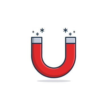 A vibrant cartoon horseshoe magnet exhibits its attractive properties, symbolized by whimsical sparkles around its poles. This isolated vector illustration emphasizes magnetic force and scientific